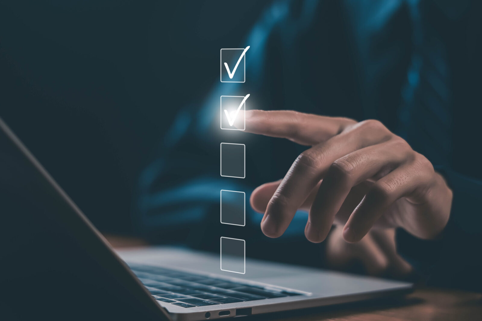 tick mark evaluation in the options check form online on a laptop. checklist concept, task audit in a list of documents. verify task detail business, process order. tick the checkmark in the survey it