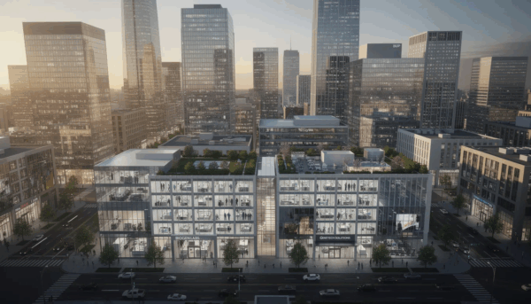 The image depicts a modern city skyline featuring sleek corporate buildings, including offices for biotechnology companies and life sciences firms. This vibrant urban landscape reflects the growing presence of life sciences industry leaders and medical device companies, highlighting the importance of strategic alliances and regulatory compliance in today's corporate environment.