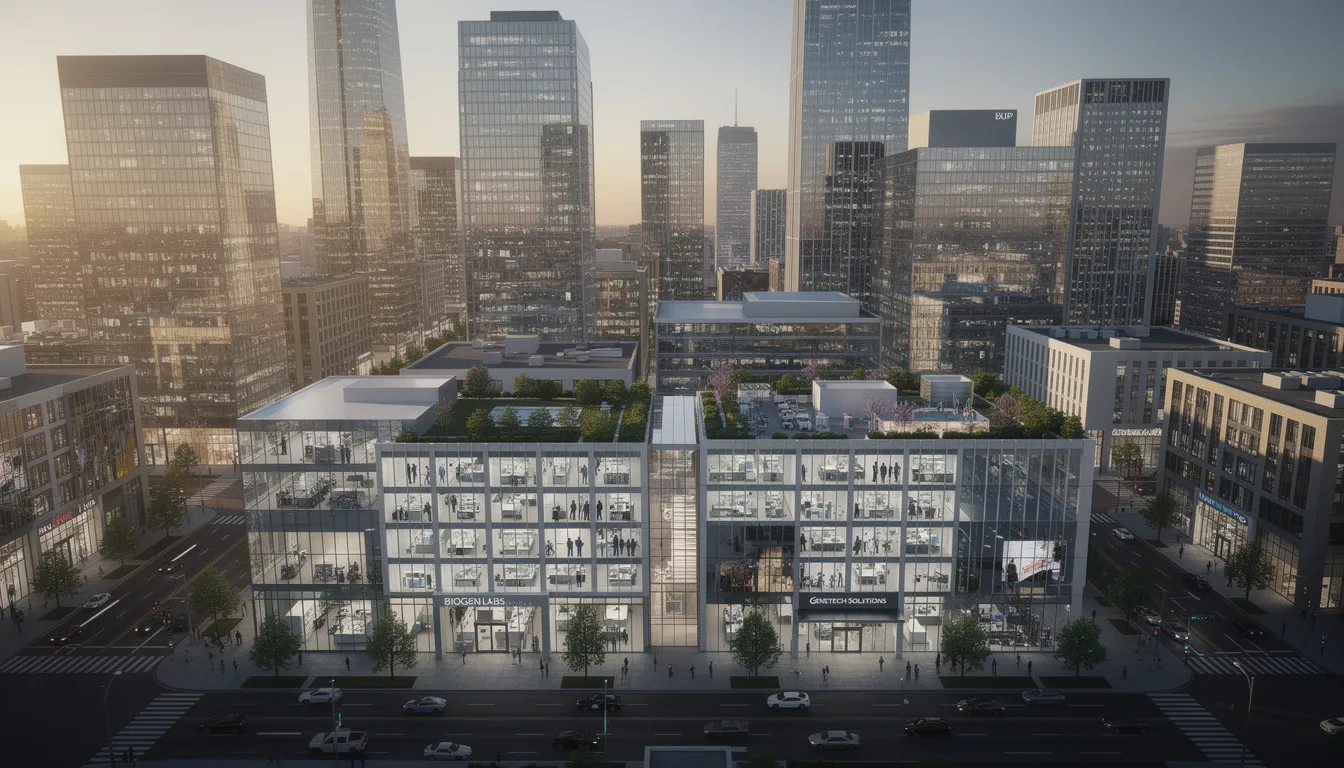 The image depicts a modern city skyline featuring sleek corporate buildings, including offices for biotechnology companies and life sciences firms. This vibrant urban landscape reflects the growing presence of life sciences industry leaders and medical device companies, highlighting the importance of strategic alliances and regulatory compliance in today's corporate environment.