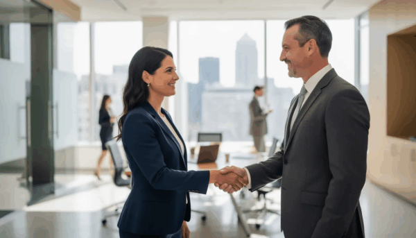 In a professional office setting, two business people engage in a firm handshake, symbolizing a successful partnership or agreement. This image reflects the importance of legal counsel and collaboration in navigating complex legal issues, particularly for small businesses seeking assistance with regulatory compliance and lending transactions.