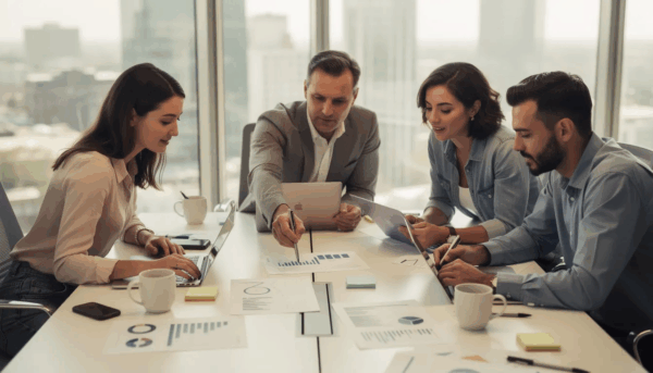 The image depicts startup founders gathered around a conference table, intently reviewing documents related to their venture capital investments. They appear engaged in a discussion about corporate governance and strategic advice for their emerging growth companies.