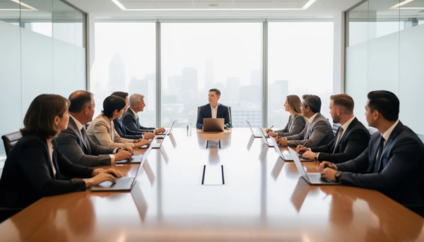 A diverse group of professionals is engaged in a collaborative discussion around a conference table, focusing on corporate governance matters relevant to both public and private companies. Their conversation likely involves key corporate governance issues, including fiduciary duties and board diversity, as they seek to provide legal expertise and advice on compliance and risk management.
