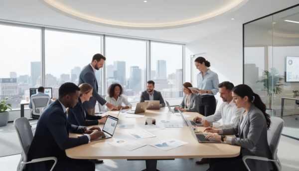 The image depicts a modern office environment where professionals, including lawyers and technology experts, are engaged in reviewing documents on laptops and tablets, focusing on commercial contracts and technology transactions to meet business objectives. Their collaborative efforts highlight the importance of legal counsel in navigating complex issues related to intellectual property and emerging technologies.