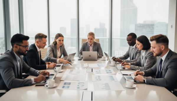 The image depicts a group of professionals engaged in a serious discussion while reviewing business documents at a modern conference table, likely focusing on venture capital strategies and investment opportunities for emerging growth companies. Their collaborative effort suggests a focus on sound decisions regarding financing structures and potential exit transactions.