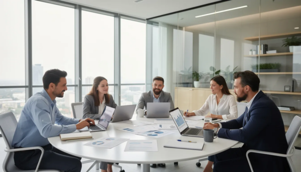 The image depicts a modern office workspace where a diverse group of professionals is collaborating around laptops and various documents, engaging in discussions that likely involve strategic legal guidance for business objectives. This setting reflects the dynamic nature of in-house legal teams working on compliance, risk management, and commercial contracts to support growing businesses and navigate legal complexities.