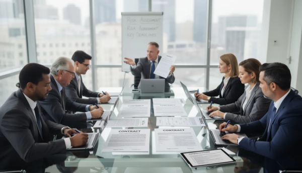 A group of business professionals is seated around a conference table, intently reviewing legal documents and contracts related to private placements and securities offerings. The atmosphere is focused, highlighting the importance of compliance with federal and state securities laws as they discuss strategies for raising capital and addressing corporate governance matters.