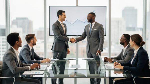 The image depicts business professionals shaking hands in a corporate meeting setting, symbolizing collaboration and agreement on potential investments, possibly involving venture capital funds and emerging companies. This scene highlights the importance of legal expertise and teamwork among startup founders and venture capital investors in navigating the complexities of financing and business growth.