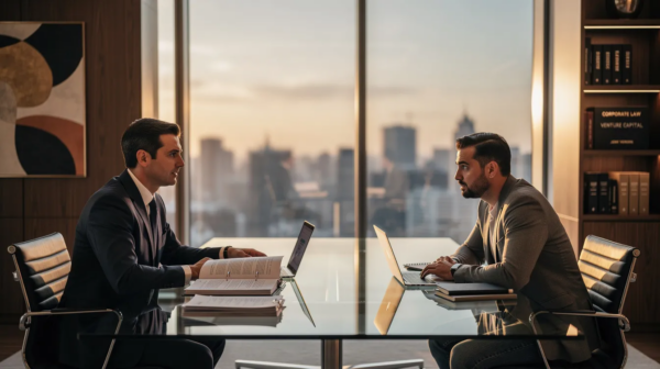 A startup venture lawyer is meeting with a founder in an upscale office, providing guidance on navigating joint ventures and forming mutually beneficial agreements. The lawyer, equipped with extensive experience, is discussing strategies to help the client understand the complexities of partnerships and secure their business interests in new markets.