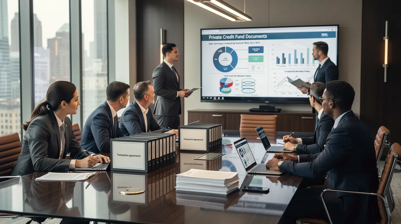 In a high-end conference room, a diverse team of attorneys in polished suits collaborates over private credit fund documents and financial charts, embodying a strategic and finance-focused atmosphere. The scene reflects the essence of private credit transactions and structured finance, with natural lighting enhancing the professional New York/Wall Street aesthetic.