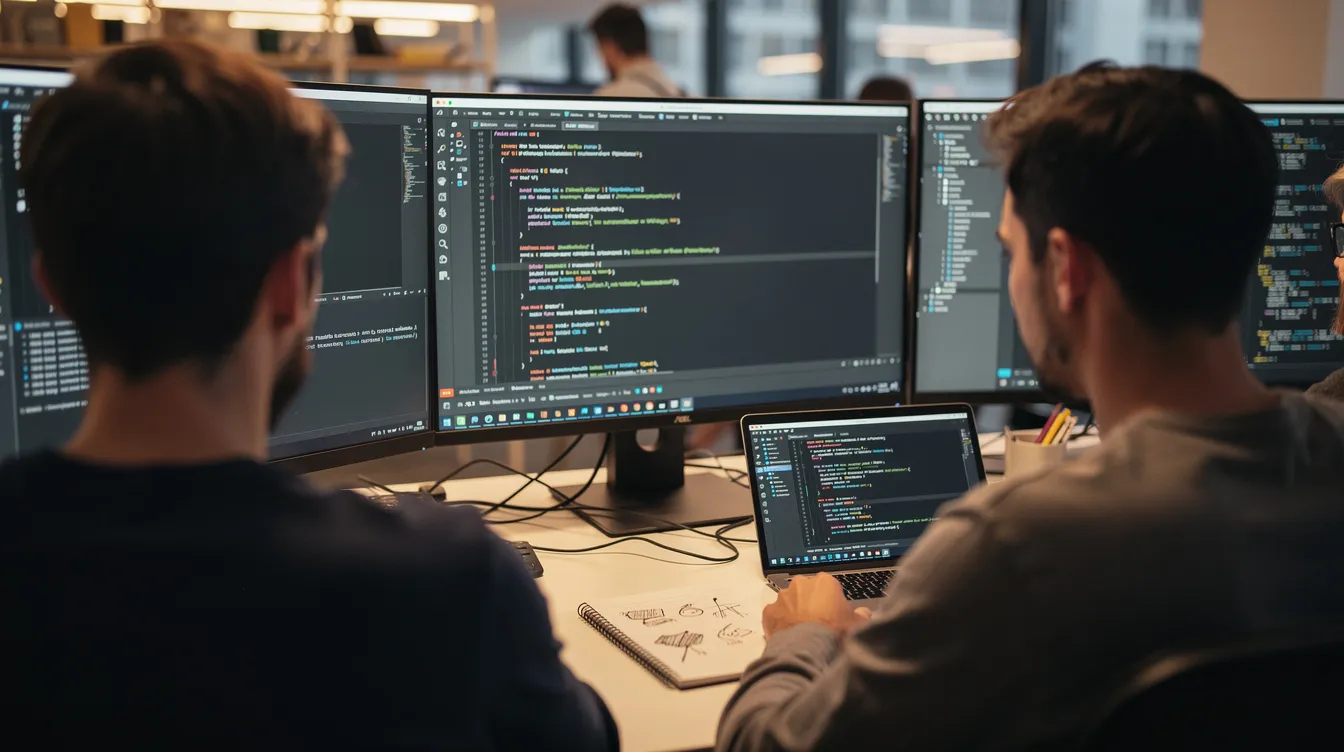 The image shows a close-up view of developers intensely reviewing software code displayed on multiple screens, highlighting their focus on regulatory compliance and data security within the financial technology sector. The environment suggests collaboration among fintech companies, emphasizing the importance of adhering to various financial regulations and best practices.