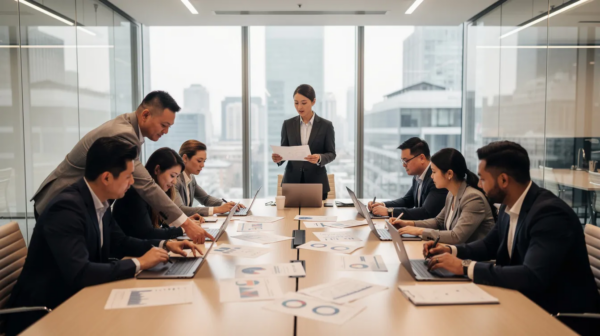 In a modern conference room, a group of professionals is gathered around a large table, reviewing important documents related to investment advisory agreements and compliance matters. They are likely discussing the implications of federal and state securities laws, as well as the legal compliance required for registered investment advisers and private equity funds.