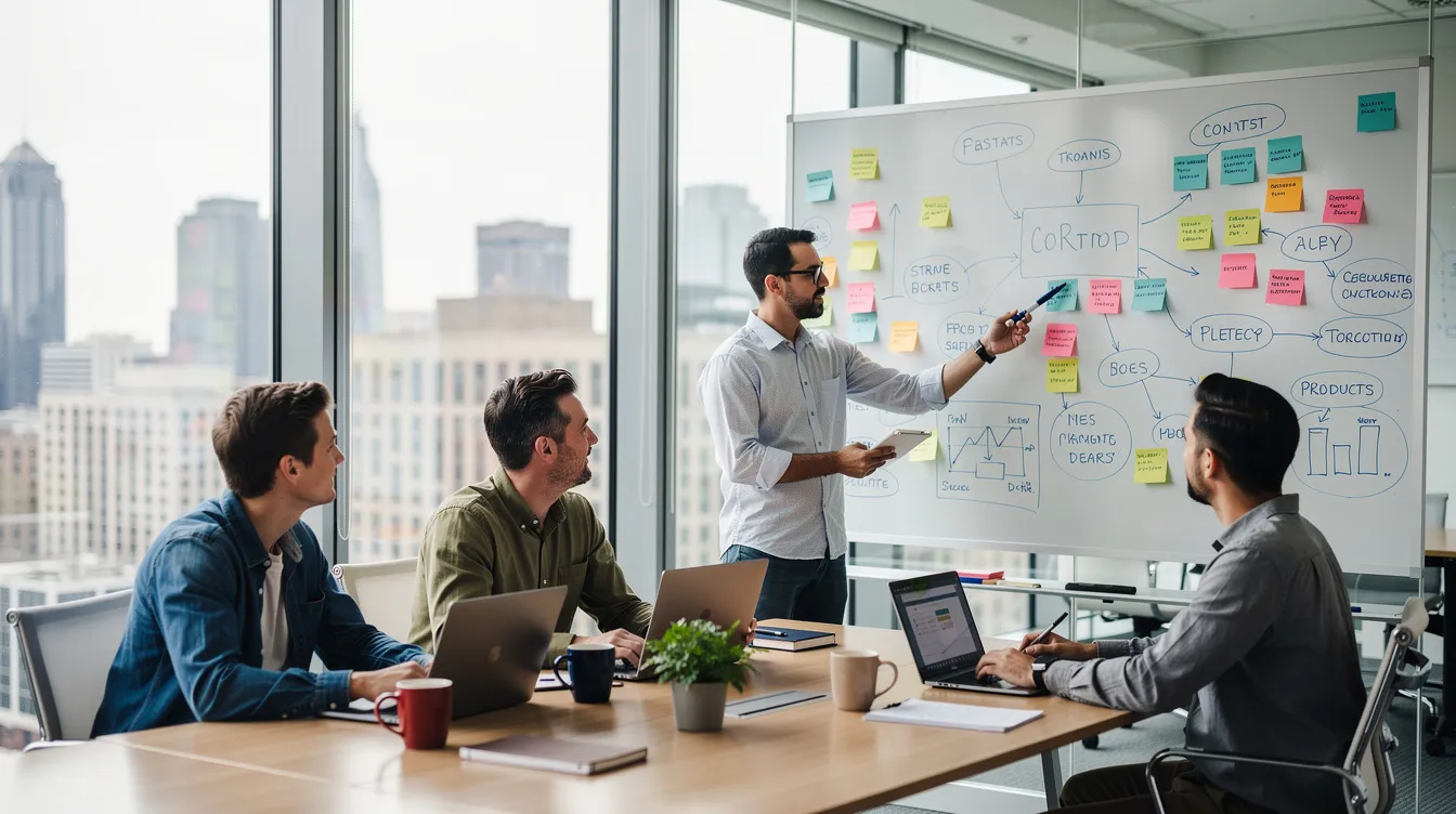 A diverse group of founders collaborates in a modern office setting, surrounded by laptops and whiteboards, as they strategize on their startup companies. This scene reflects the dynamic environment of emerging growth companies and the teamwork necessary for navigating venture capital financings and protecting intellectual property.