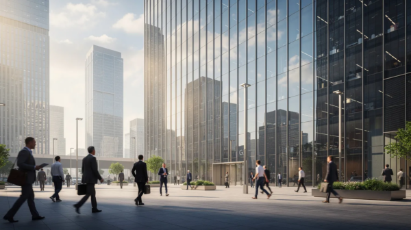 The image depicts a modern city skyline with professionals walking near a sleek glass office building, symbolizing the dynamic environment of financial services and digital assets. This setting reflects the rapidly evolving regulatory landscape that professionals navigate while advising clients on matters related to blockchain technology and securities compliance.