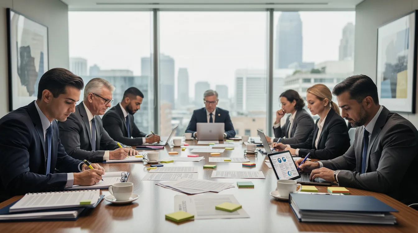 In a conference room, a group of attorneys is engaged in reviewing transaction documents related to venture capital funds and private investment funds. They are discussing key aspects of fund formation and evaluating legal issues pertinent to their clients, including emerging growth companies and institutional investors.