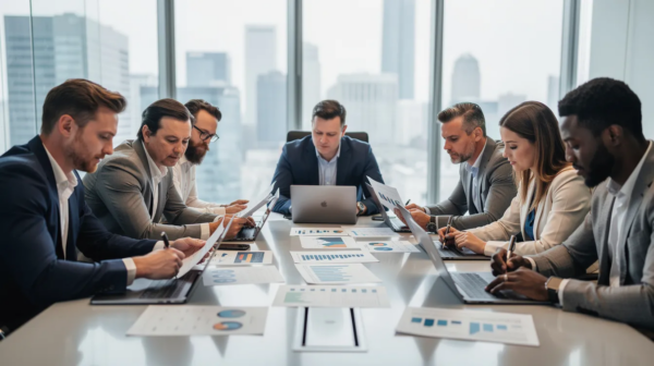 A group of startup founders is seated around a conference table, intently reviewing various business documents related to corporate governance and intellectual property. The atmosphere is focused, indicating discussions on legal protections and strategies for raising capital with venture capital firms and angel investors.