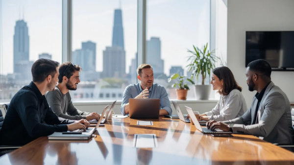 A group of startup founders is gathered in a modern office, surrounded by laptops and a view of the city skyline. They are engaged in discussions about business formation and legal strategies, highlighting the importance of legal counsel in navigating corporate governance and protecting intellectual property for their emerging companies.