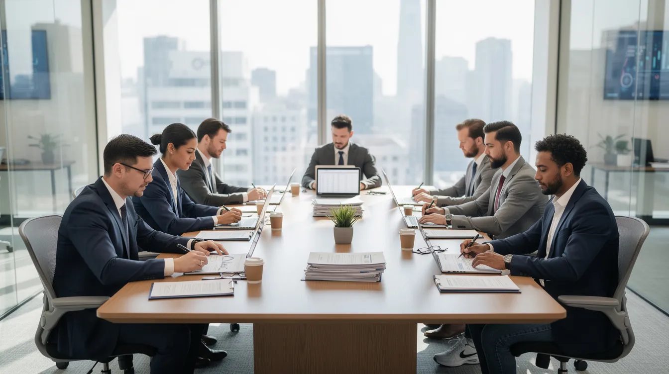 The image depicts a modern office setting where attorneys and startup founders are gathered around a conference table, collaboratively reviewing documents related to venture capital investments and corporate governance. The atmosphere reflects a dynamic partnership focused on supporting emerging growth companies and ensuring regulatory compliance.