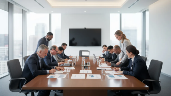 The image depicts a modern office conference room where a group of business professionals is gathered around a large table, reviewing documents related to commercial contracts and agreements. The atmosphere suggests a collaborative environment focused on negotiating terms and ensuring legal compliance in complex business transactions.