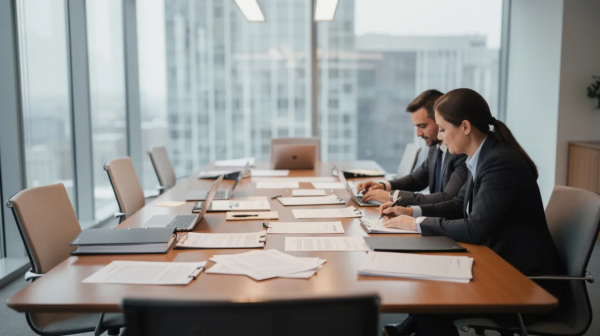 The image depicts a modern office conference room with a wooden table covered in legal documents, where two professionals are engaged in reviewing paperwork. This setting is ideal for discussions on corporate governance matters, such as shareholder agreements and compliance with federal securities laws.