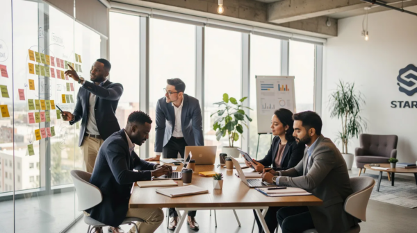 The image depicts a diverse group of business professionals collaborating in a bright and modern startup workspace, showcasing an environment conducive to innovation and teamwork. They are engaged in discussions that likely involve venture capital financing and strategic investments, reflecting the dynamic nature of emerging growth companies.